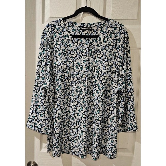 Karl Lagerfeld Paris Tops - Karl Lagerfeld Paris Floral Blouse Womens 2X Black Blue Green Stretch Career Top